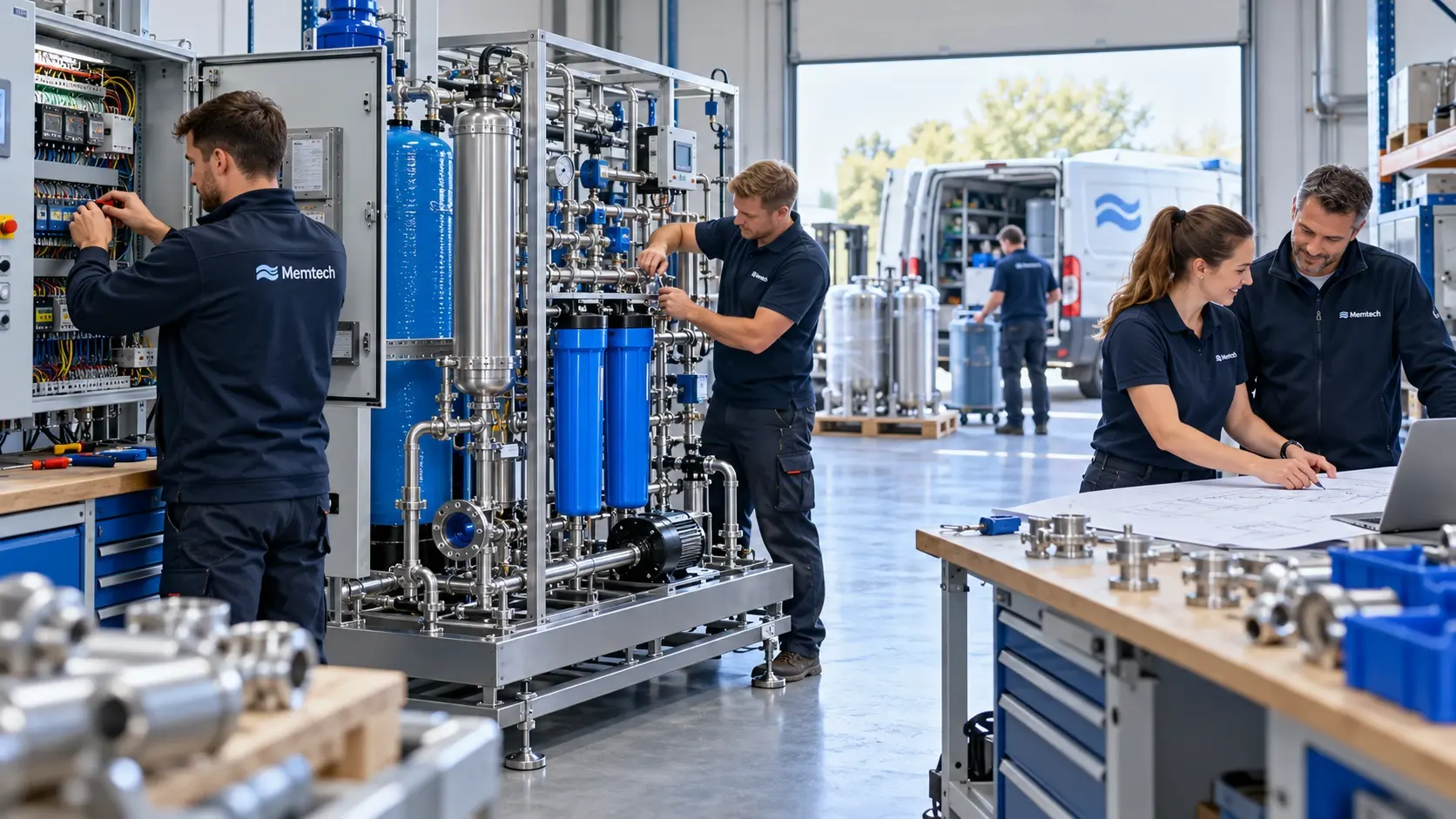 Arbeiten an einer Anlage in der Memtech-Werkstatt