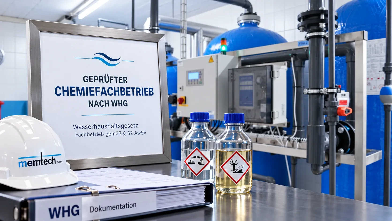 Schild „Geprüfter Chemiefachbetrieb nach WHG“ mit WHG-Dokumentation und Probenflaschen vor einer Memtech-Anlage
